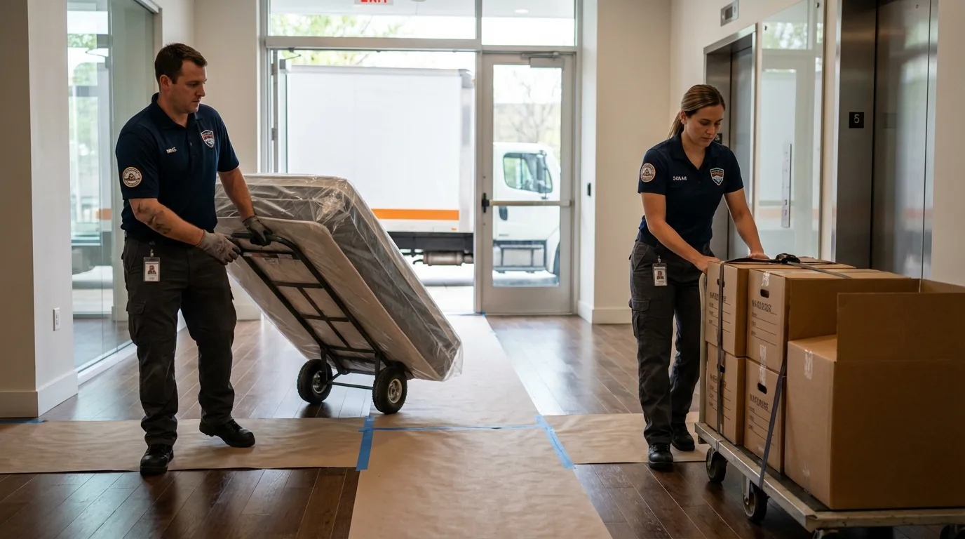 Professional apartment movers loading elevator in New Castle, KY